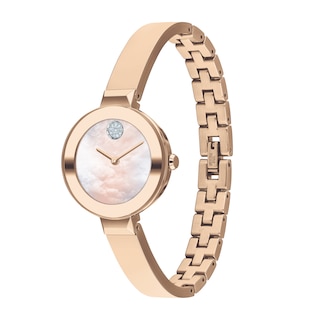 Ladies' Movado Bold®Crystal Rose-Tone Bangle Watch with Transparent Mother-of Pearl Dial (Model: 3600628)