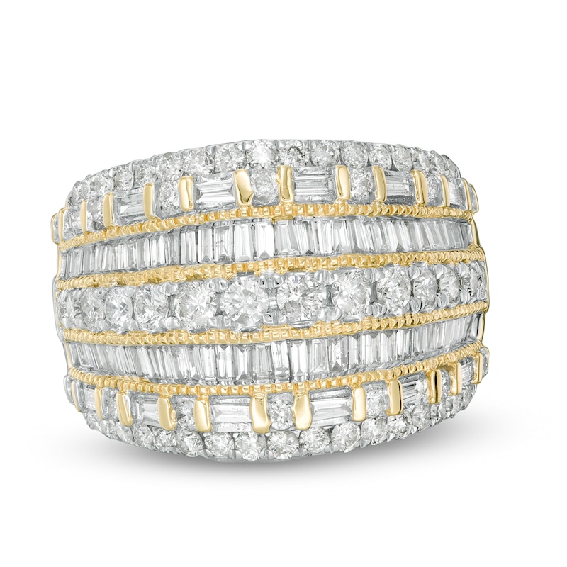 Main Image 1 of 2.00 CT. T.W. Baguette and Round Diamond Multi-Row Ring in 10K Gold