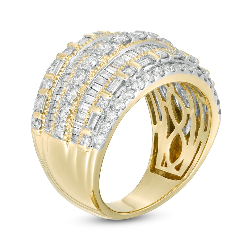 Main Image 3 of 2.00 CT. T.W. Baguette and Round Diamond Multi-Row Ring in 10K Gold