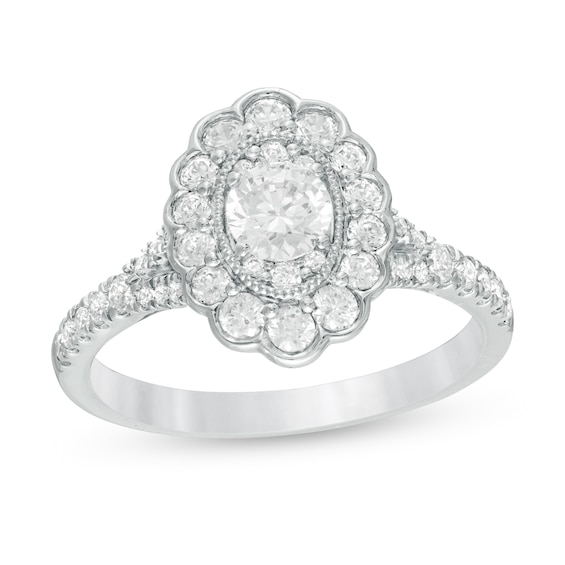 0.95 CT. T.W. Certified Canadian Diamond Scallop Frame Vintage-Style Engagement Ring in 14K White Gold (I/I1)