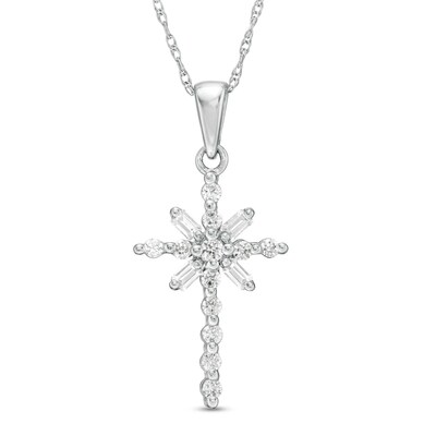 0.23 CT. T.W. Baguette and Round Diamond Cross Pendant in 10K White Gold