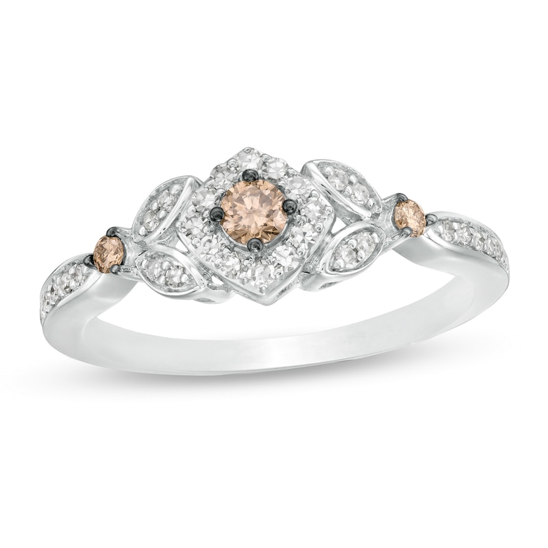0.33 CT. T.W. Champagne and White Diamond Tilted Cushion Frame Leaf-Sides Ring in 10K White Gold|Peoples Jewellers