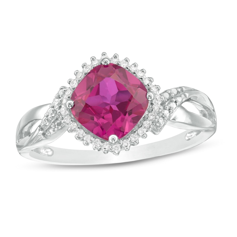 Tilted 7.0mm Cushion-Cut Lab-Created Ruby and 0.065 CT. T.W. Diamond Frame Bypass Ring in Sterling Silver|Peoples Jewellers