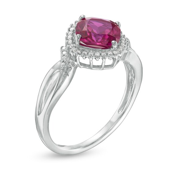 Tilted 7.0mm Cushion-Cut Lab-Created Ruby and 0.065 CT. T.W. Diamond Frame Bypass Ring in Sterling Silver