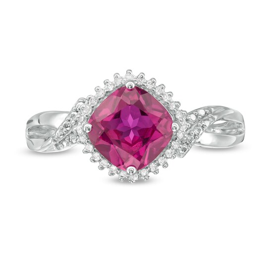 Tilted 7.0mm Cushion-Cut Lab-Created Ruby and 0.065 CT. T.W. Diamond Frame Bypass Ring in Sterling Silver