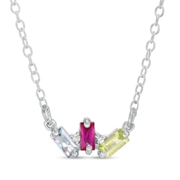 Mother's Baguette Birthstone and Diamond Accent Arch Necklace (3 Stones)