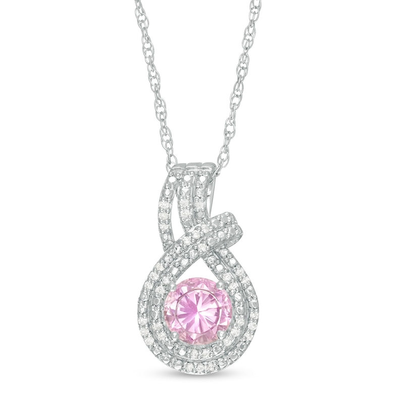 6.0mm Lab-Created Pink Sapphire and 0.085 CT. T.W. Diamond Double Row Teardrop Pendant in Sterling Silver