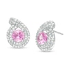 5.0mm Lab-Created Pink Sapphire and 0.115 CT. T.W. Diamond Double Row Teardrop Frame Stud Earrings in Sterling Silver