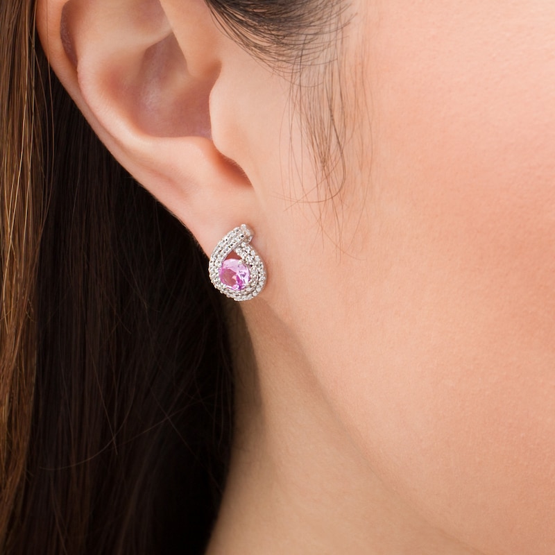 5.0mm Lab-Created Pink Sapphire and 0.115 CT. T.W. Diamond Double Row Teardrop Frame Stud Earrings in Sterling Silver|Peoples Jewellers