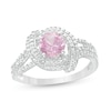 Thumbnail Image 0 of 6.0mm Lab-Created Pink Sapphire and 0.085 CT. T.W. Diamond Double Row Swirl Ring in Sterling Silver