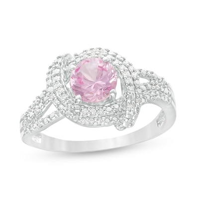 6.0mm Lab-Created Pink Sapphire and 0.085 CT. T.W. Diamond Double Row Swirl Ring in Sterling Silver