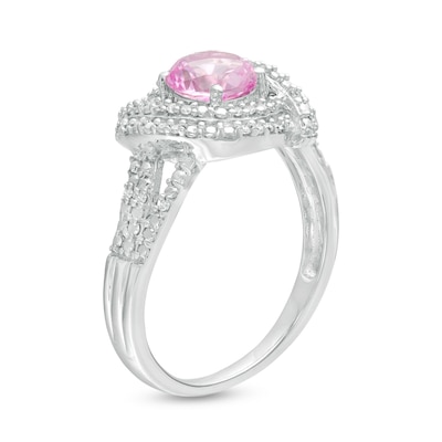 6.0mm Lab-Created Pink Sapphire and 0.085 CT. T.W. Diamond Double Row Swirl Ring in Sterling Silver