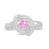 Thumbnail Image 3 of 6.0mm Lab-Created Pink Sapphire and 0.085 CT. T.W. Diamond Double Row Swirl Ring in Sterling Silver