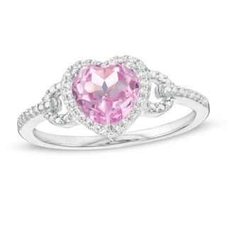 Heart-Shaped Lab-Created Pink Sapphire and 0.065 CT. T.W. Diamond Frame Buckle Ring in Sterling Silver