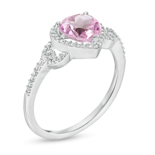 Heart-Shaped Lab-Created Pink Sapphire and 0.065 CT. T.W. Diamond Frame Buckle Ring in Sterling Silver