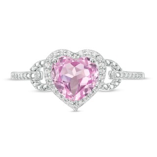 Heart-Shaped Lab-Created Pink Sapphire and 0.065 CT. T.W. Diamond Frame Buckle Ring in Sterling Silver