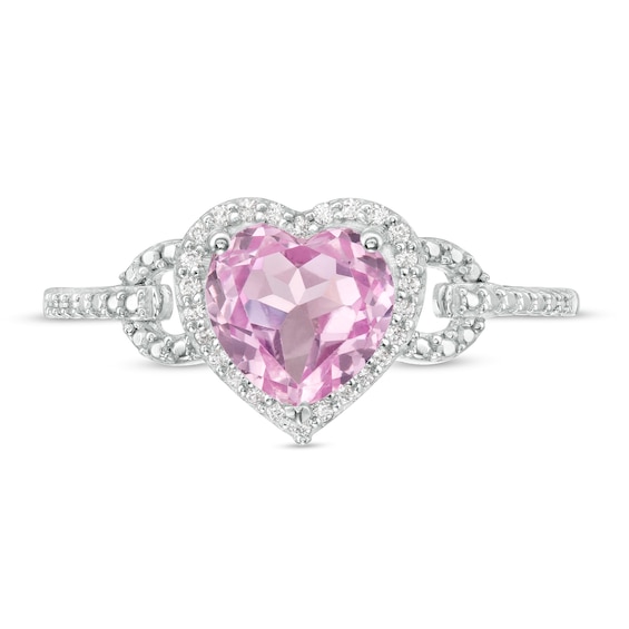 Heart-Shaped Lab-Created Pink Sapphire and 0.065 CT. T.W. Diamond Frame Buckle Ring in Sterling Silver