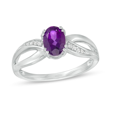 Oval Amethyst and Diamond Accent Split Shank Ring in 10K White Gold