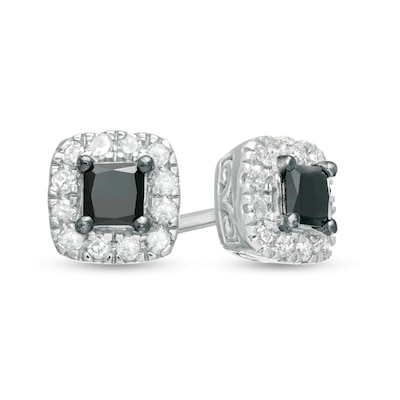 0.24 CT. T.W. Enhanced Black and White Princess-Cut Diamond Frame Stud Earrings in Sterling Silver