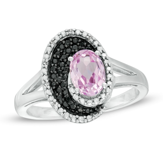 Oval Lab-Created Pink Sapphire and 0.085 CT. T.W. White and Black Diamond Split Shank Ring in Sterling Silver