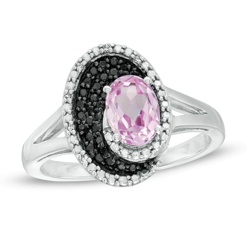 Oval Lab-Created Pink Sapphire and 0.085 CT. T.W. White and Black Diamond Split Shank Ring in Sterling Silver|Peoples Jewellers