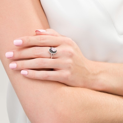 Oval Lab-Created Pink Sapphire and 0.085 CT. T.W. White and Black Diamond Split Shank Ring in Sterling Silver