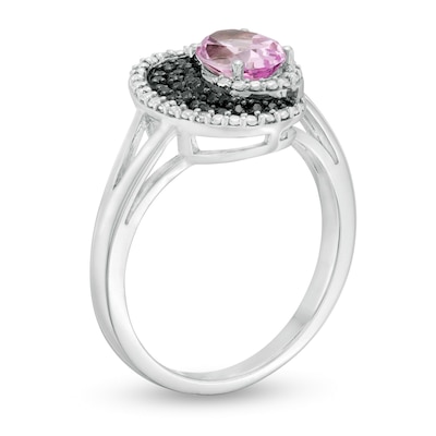 Oval Lab-Created Pink Sapphire and 0.085 CT. T.W. White and Black Diamond Split Shank Ring in Sterling Silver