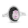 Oval Lab-Created Pink Sapphire and 0.085 CT. T.W. White and Black Diamond Split Shank Ring in Sterling Silver