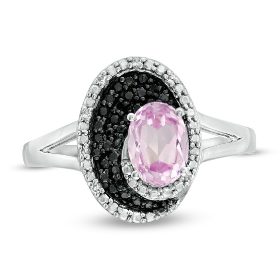 Oval Lab-Created Pink Sapphire and 0.085 CT. T.W. White and Black Diamond Split Shank Ring in Sterling Silver