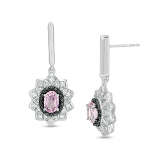 Oval Lab-Created Pink Sapphire and 0.115 CT. T.W. White and Black Diamond Frame Drop Earrings in Sterling Silver