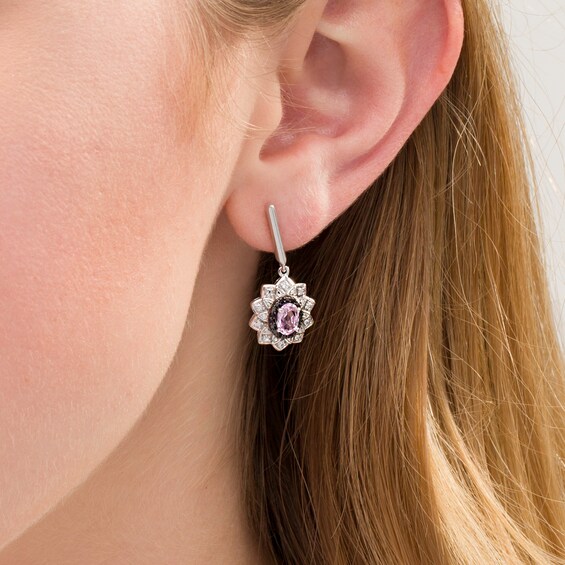 Oval Lab-Created Pink Sapphire and 0.115 CT. T.W. White and Black Diamond Frame Drop Earrings in Sterling Silver