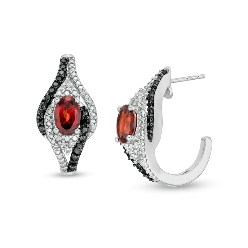Oval Garnet and 0.115 CT. T.W. White and Black Diamond Bypass Frame J-Hoop Earrings in Sterling Silver|Peoples Jewellers