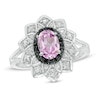 Thumbnail Image 0 of Oval Lab-Created Pink Sapphire and 0.085 CT. T.W. White and Black Diamond Frame Ring in Sterling Silver