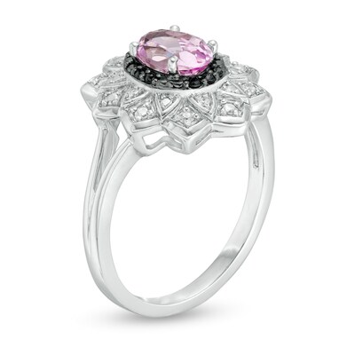 Oval Lab-Created Pink Sapphire and 0.085 CT. T.W. White and Black Diamond Frame Ring in Sterling Silver