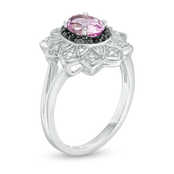 Oval Lab-Created Pink Sapphire and 0.085 CT. T.W. White and Black Diamond Frame Ring in Sterling Silver