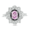 Oval Lab-Created Pink Sapphire and 0.085 CT. T.W. White and Black Diamond Frame Ring in Sterling Silver