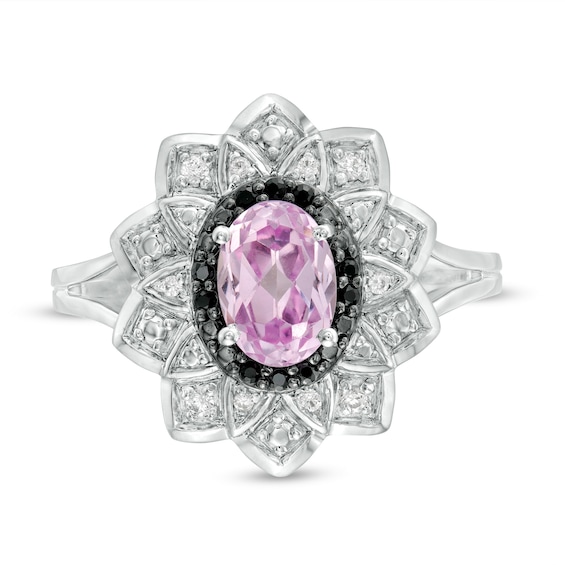 Oval Lab-Created Pink Sapphire and 0.085 CT. T.W. White and Black Diamond Frame Ring in Sterling Silver