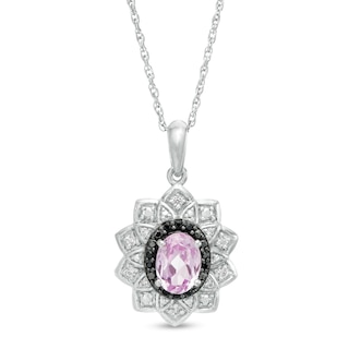 Oval Lab-Created Pink Sapphire and 0.085 CT. T.W. White and Black Diamond Frame Pendant in Sterling Silver