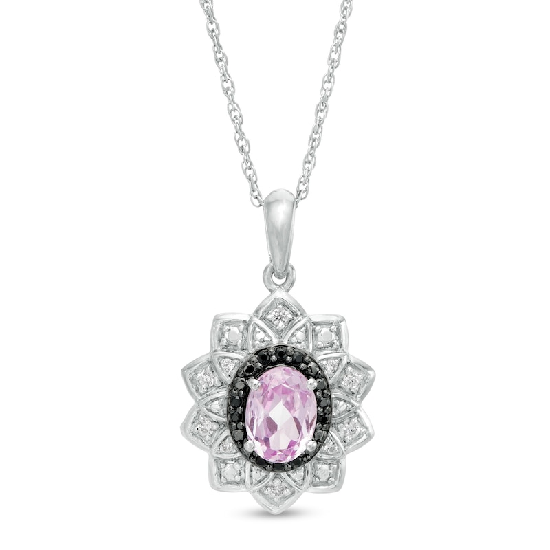Oval Lab-Created Pink Sapphire and 0.085 CT. T.W. White and Black Diamond Frame Pendant in Sterling Silver|Peoples Jewellers