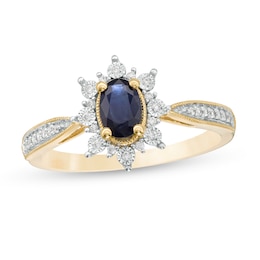 Oval Blue Sapphire and 0.10 CT. T.W. Diamond Starburst Frame Vintage-Style Ring in 10K Gold