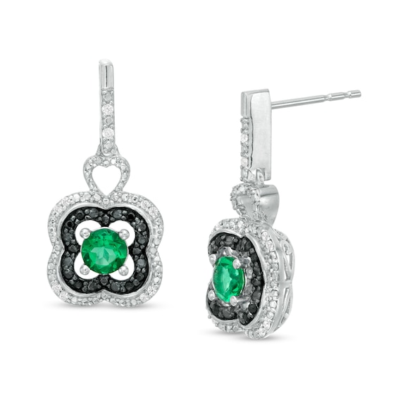 4.0mm Lab-Created Emerald and 0.115 CT. T.W. White and Black Diamond Clover Drop Earrings in Sterling Silver