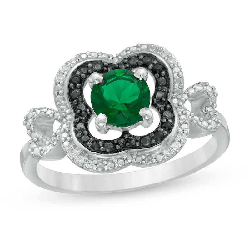 5.6mm Lab-Created Emerald and 0.065 CT. T.W. Diamond Double Clover Frame Ring in Sterling Silver|Peoples Jewellers
