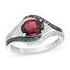 Oval Garnet and 0.085 CT. T.W. White and Black Diamond Bypass Frame Ring in Sterling Silver