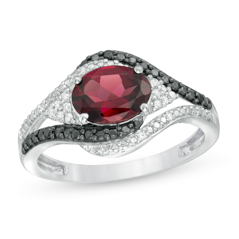 Oval Garnet and 0.085 CT. T.W. White and Black Diamond Bypass Frame Ring in Sterling Silver|Peoples Jewellers