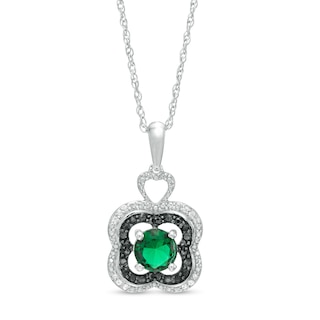 5.5mm Lab-Created Emerald and 0.065 CT. T.W. White and Black Diamond Clover Pendant in Sterling Silver