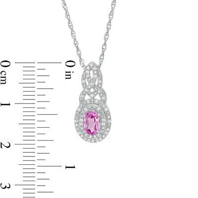 Oval Lab-Created Pink Sapphire and 0.085 CT. T.W. Diamond Double Frame Cascading Pendant in Sterling Silver