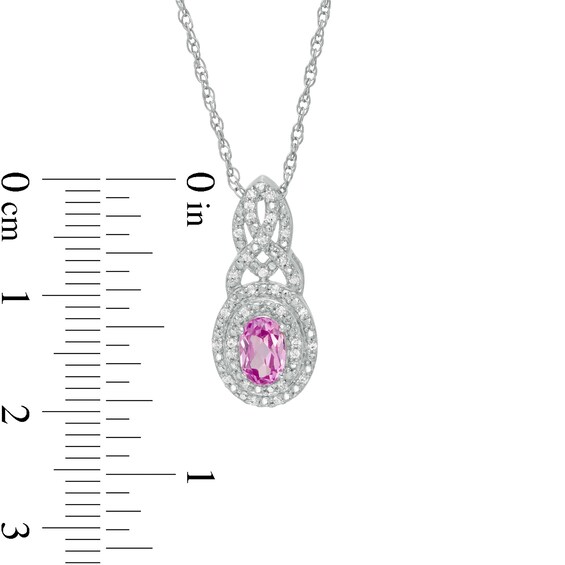 Oval Lab-Created Pink Sapphire and 0.085 CT. T.W. Diamond Double Frame Cascading Pendant in Sterling Silver