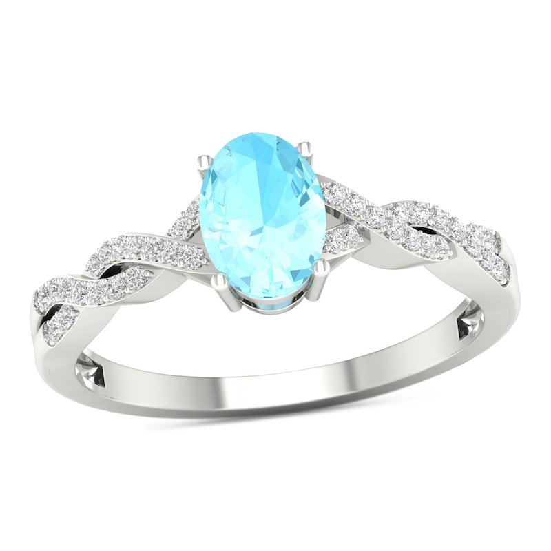 Oval Aquamarine and 0.10 CT. T.W. Diamond Twist Shank Ring in 10K White Gold|Peoples Jewellers