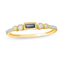 Sideways Baguette-Cut Blue Sapphire and 0.10 CT. T.W. Diamond Art Deco Stackable Ring in 10K Gold