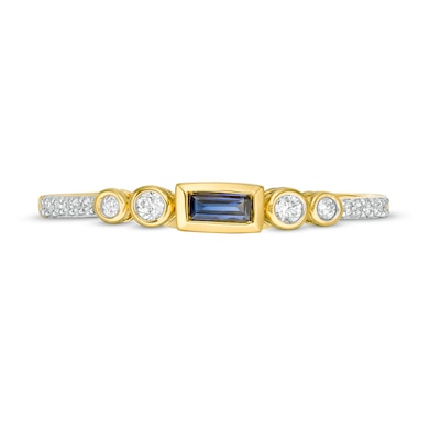 Sideways Baguette-Cut Blue Sapphire and 0.10 CT. T.W. Diamond Art Deco Stackable Ring in 10K Gold